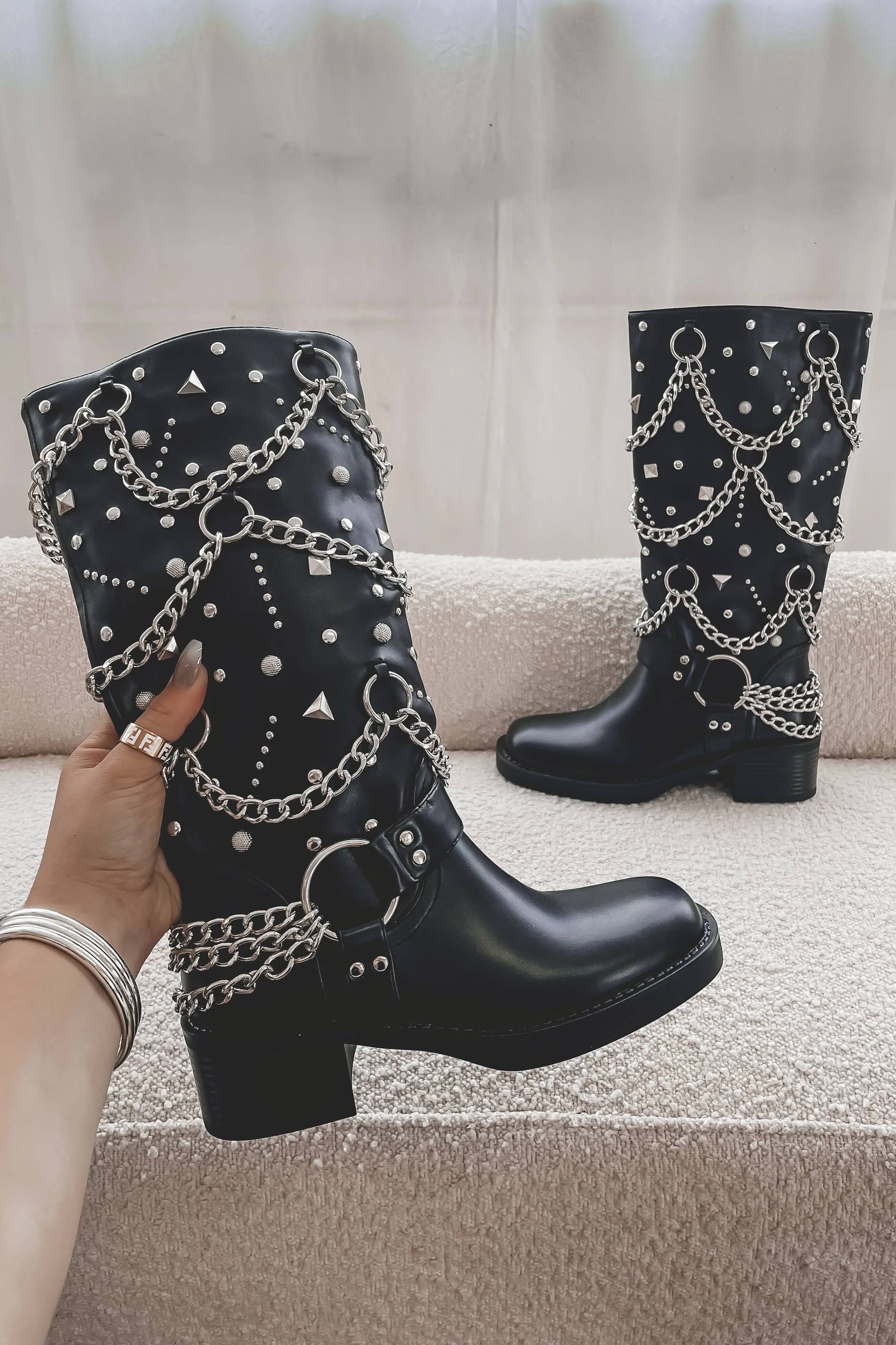 Say Wow Silver Chain Black Combat Boot