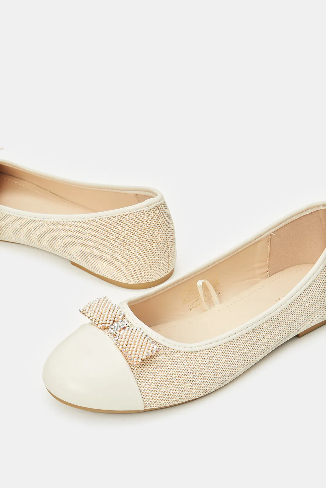 Senior Girls Beige Glitter Ballerinas