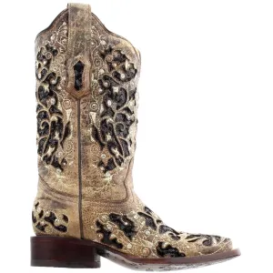 Sequined Tooled-Inlay Square Toe Cowboy Boots