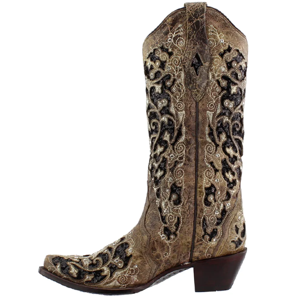 Sequins Tooled-Inlay Snip Toe Cowboy Boots