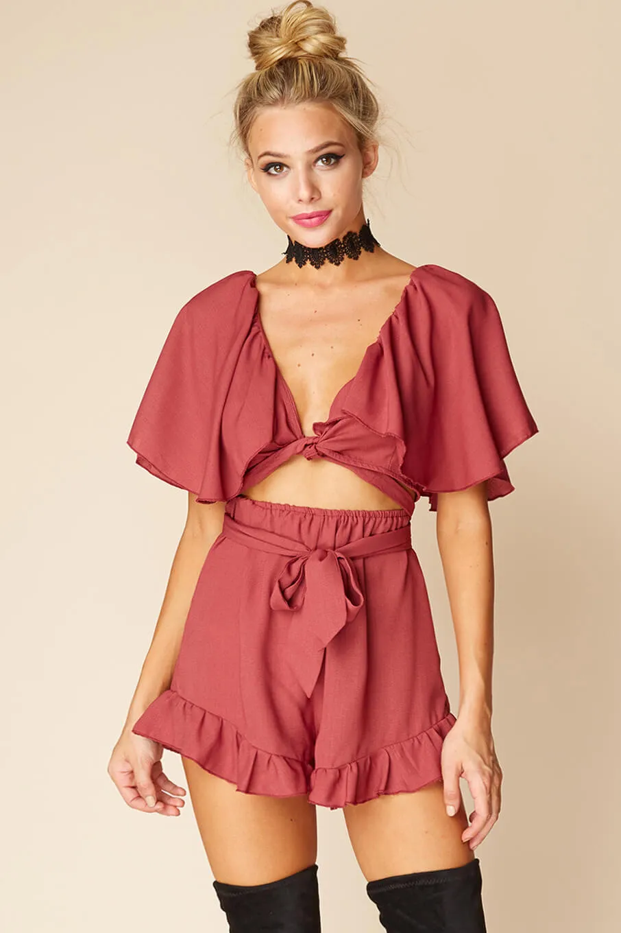 Shelly Ruffled cutout Romper Rose