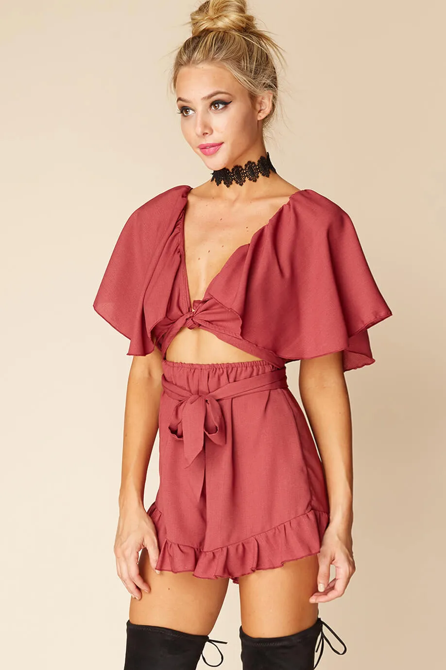 Shelly Ruffled cutout Romper Rose