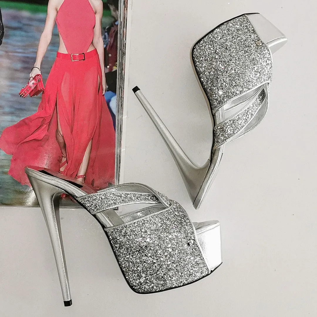 Silver Shimmer Cross Strap Platform Mules