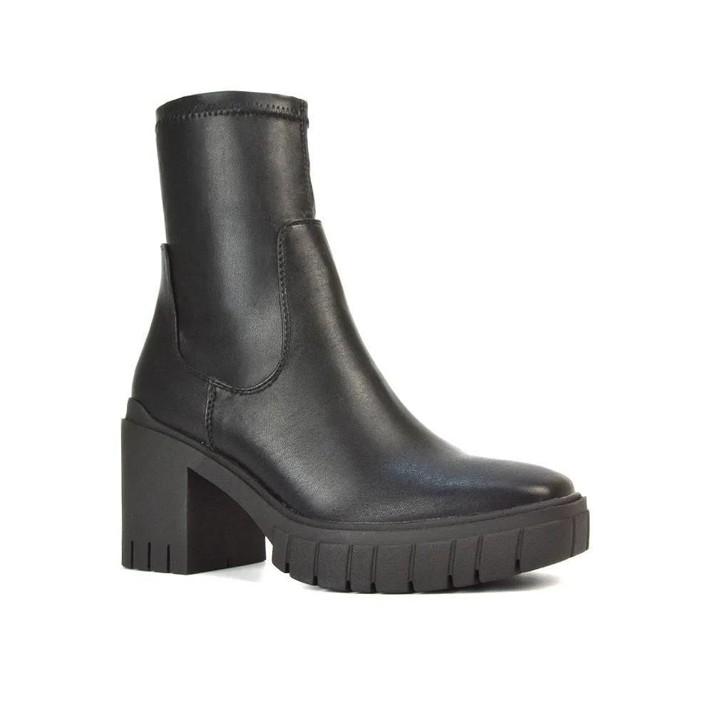 Sofia Platform Block High Heel Chunky Biker Ankle Boots in Black Synthetic Leather