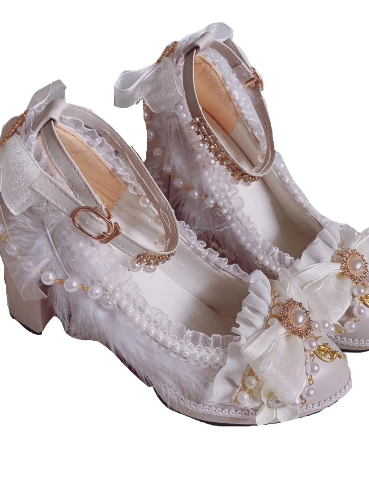 Sohiwoo Exquisite Girl Lolita Handmade Lo Shoes Bridal White Gold High Heels Sweet Women's Stage Performance Shoes Adult Gift