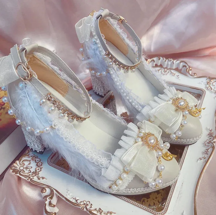 Sohiwoo Exquisite Girl Lolita Handmade Lo Shoes Bridal White Gold High Heels Sweet Women's Stage Performance Shoes Adult Gift