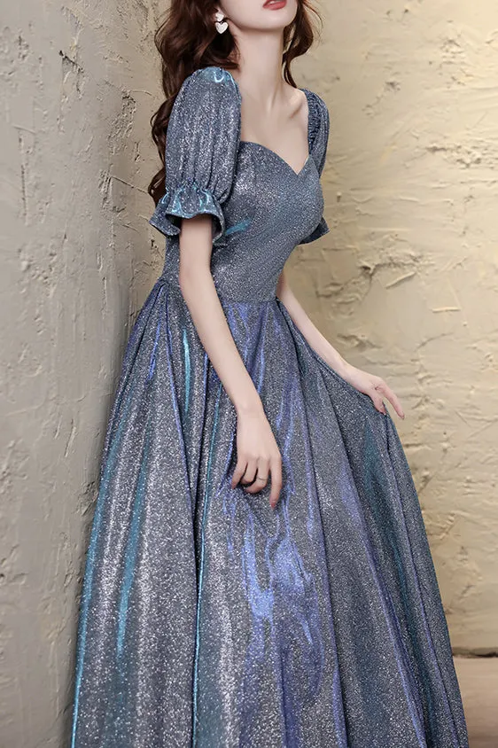 Sparkly Blue Floor Length Prom Dress with Short Sleeves, Glitter Evening Dress UQP0049