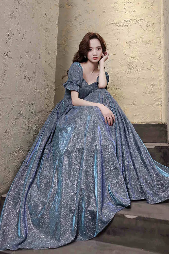 Sparkly Blue Floor Length Prom Dress with Short Sleeves, Glitter Evening Dress UQP0049