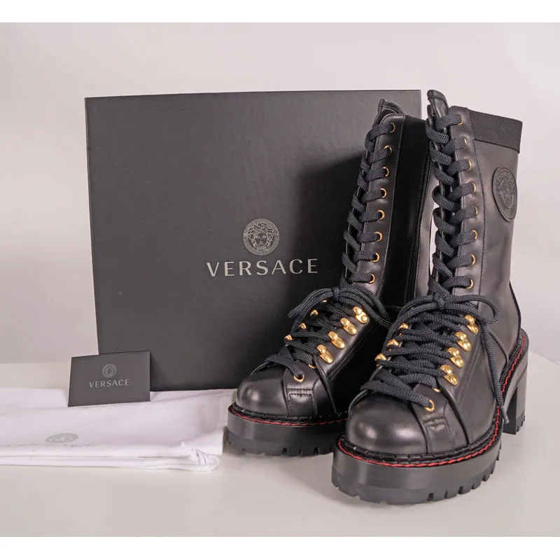 sz 37.5 NEW $2,050 VERSACE RUNWAY Black Leather CHUNKY HEEL Biker COMBAT BOOTS