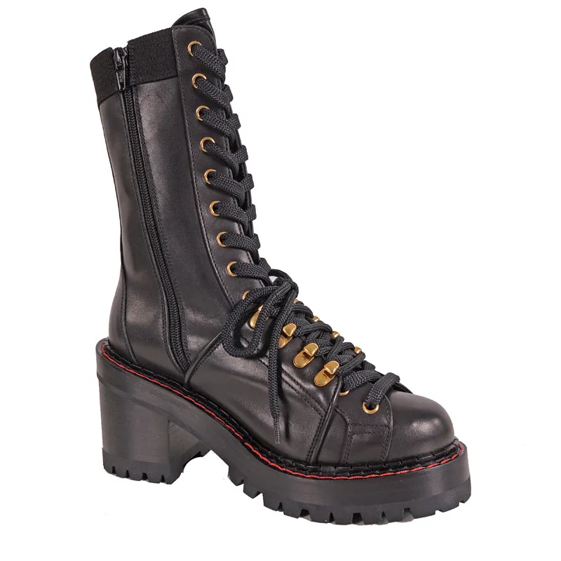 sz 37.5 NEW $2,050 VERSACE RUNWAY Black Leather CHUNKY HEEL Biker COMBAT BOOTS