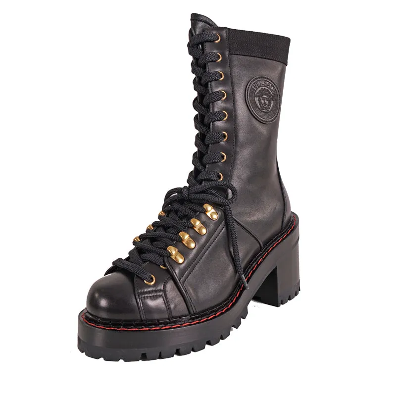 sz 37.5 NEW $2,050 VERSACE RUNWAY Black Leather CHUNKY HEEL Biker COMBAT BOOTS