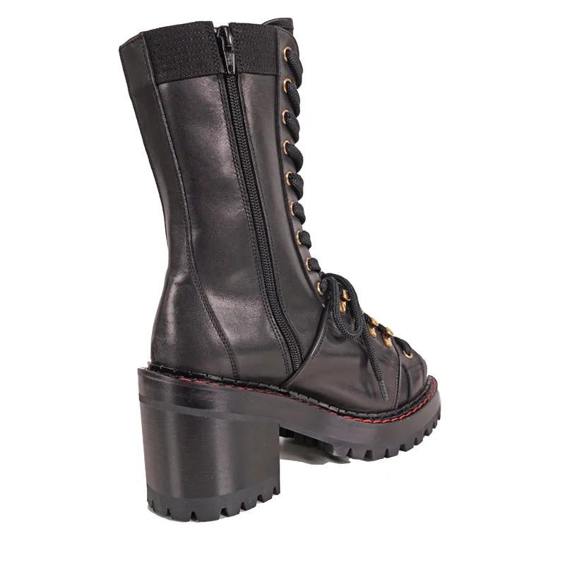 sz 37.5 NEW $2,050 VERSACE RUNWAY Black Leather CHUNKY HEEL Biker COMBAT BOOTS