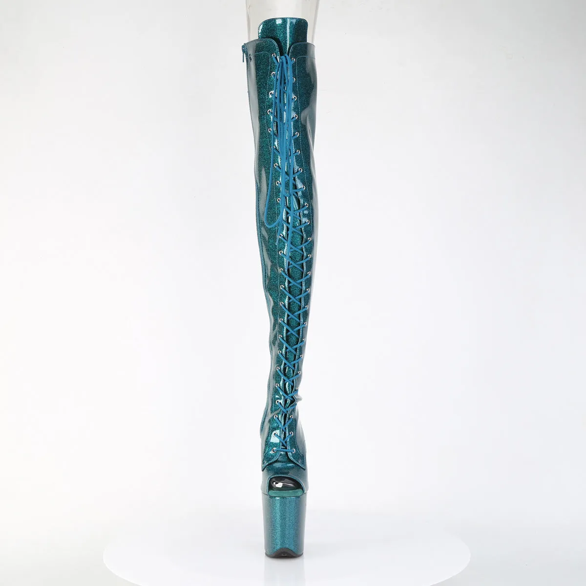 Teal Glitter Peep Toe Thigh High Boots Flamingo-3021GP