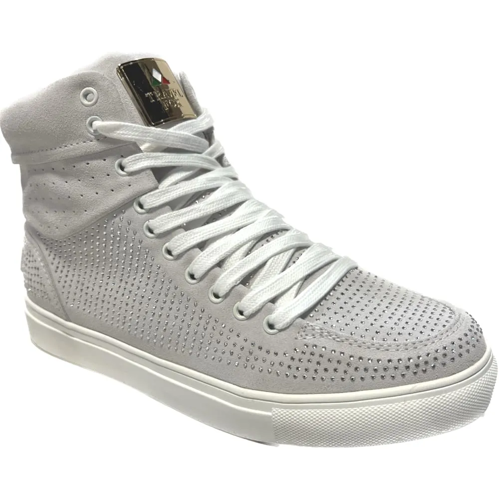 Travel Fox Men's Silver High Top Rhinstone Leather Sneakers 9220-65