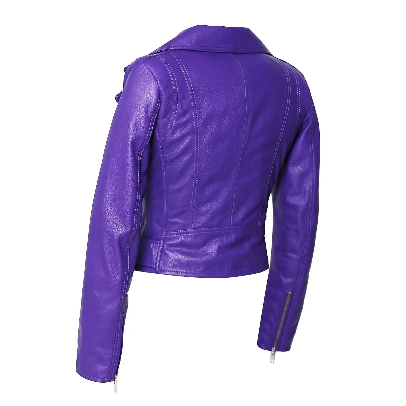 Vibrant Orchid Purple Deerskin Leather Women's Motorcycle Jacket with Bold Moto Features