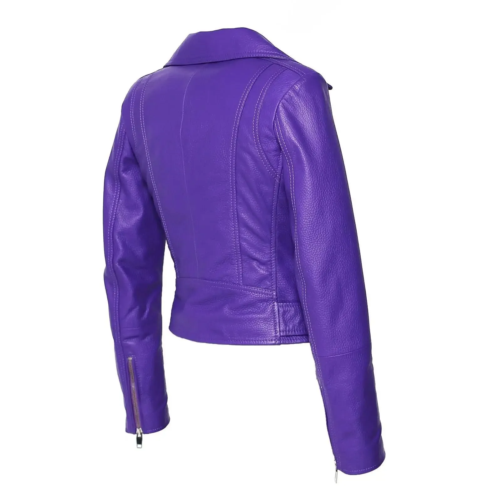 Vibrant Orchid Purple Deerskin Leather Women's Motorcycle Jacket with Bold Moto Features