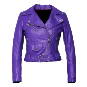 Vibrant Orchid Purple Deerskin Leather Women's Motorcycle Jacket with Bold Moto Features