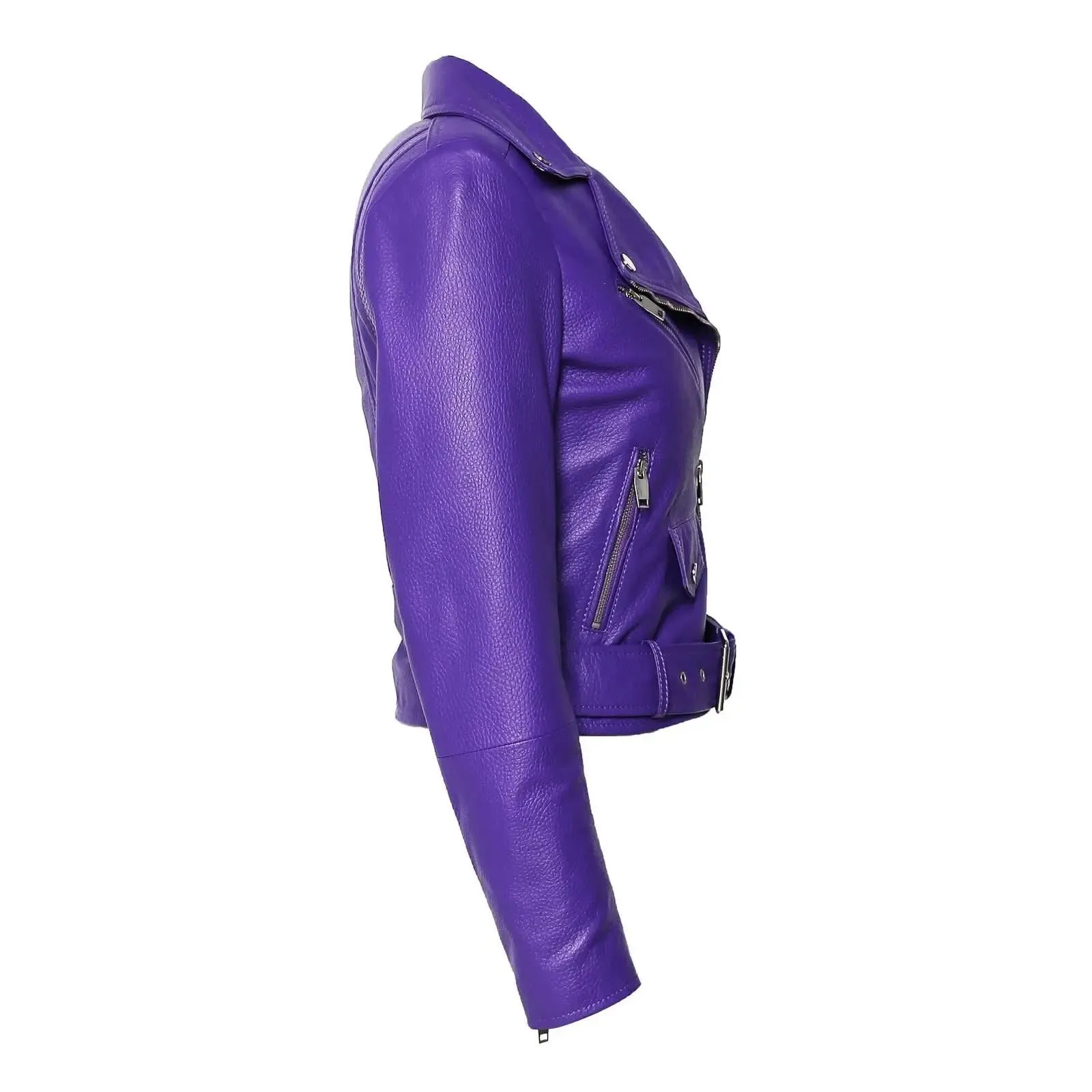 Vibrant Orchid Purple Deerskin Leather Women's Motorcycle Jacket with Bold Moto Features