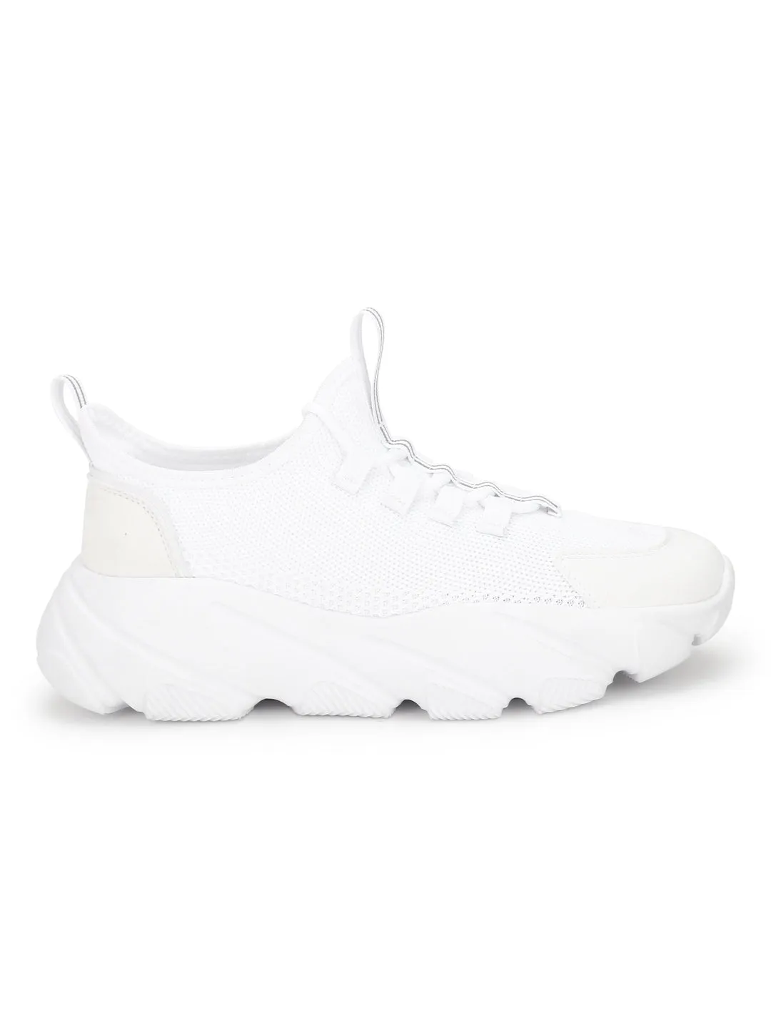 White Knitted Cleated Bottom Lace-Up Chunky Sneakers