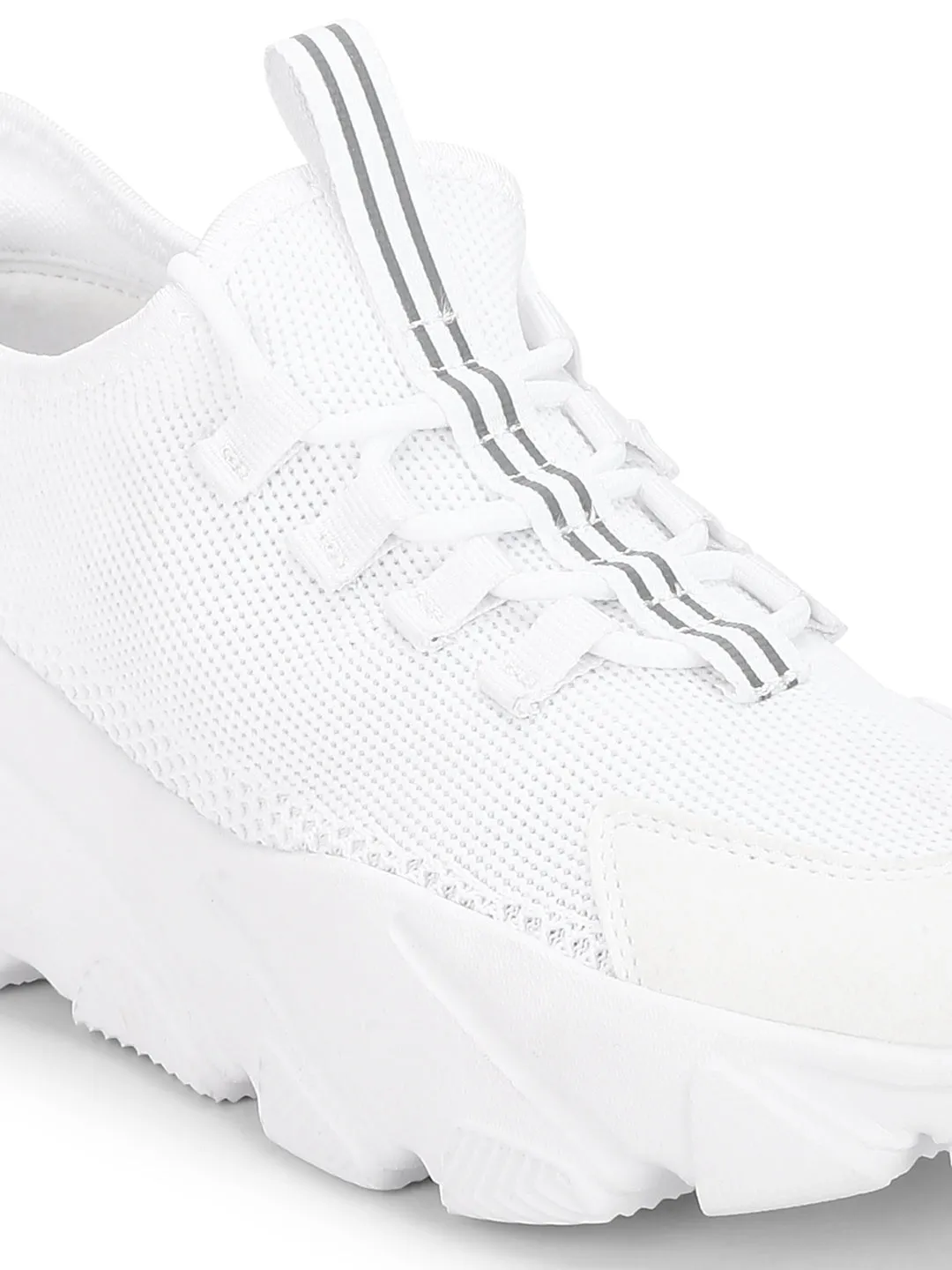 White Knitted Cleated Bottom Lace-Up Chunky Sneakers