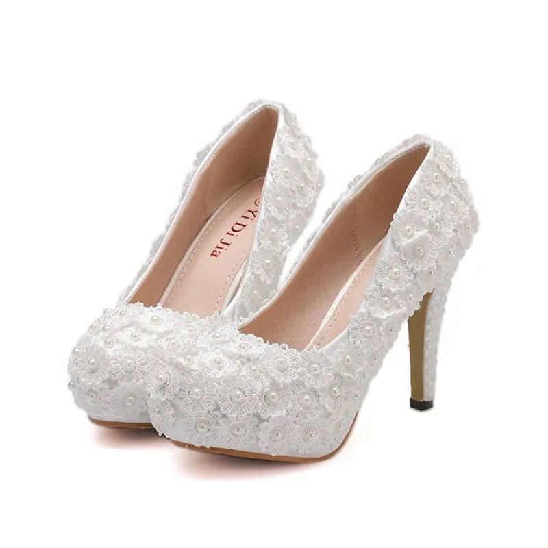 White Lace Wedding Shoes with Round Toe Flower and Pearl Accents