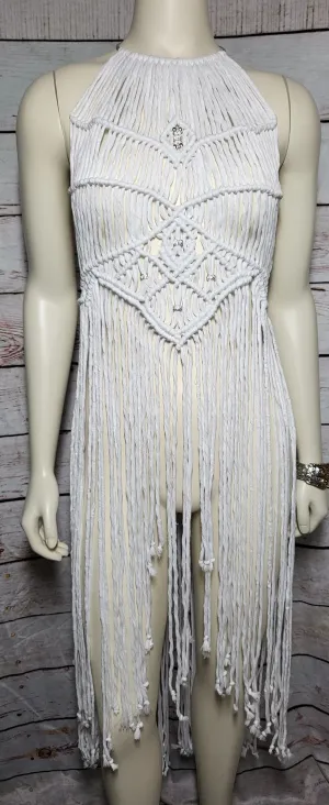 White macrame beach festival dress with silver necklace choker.