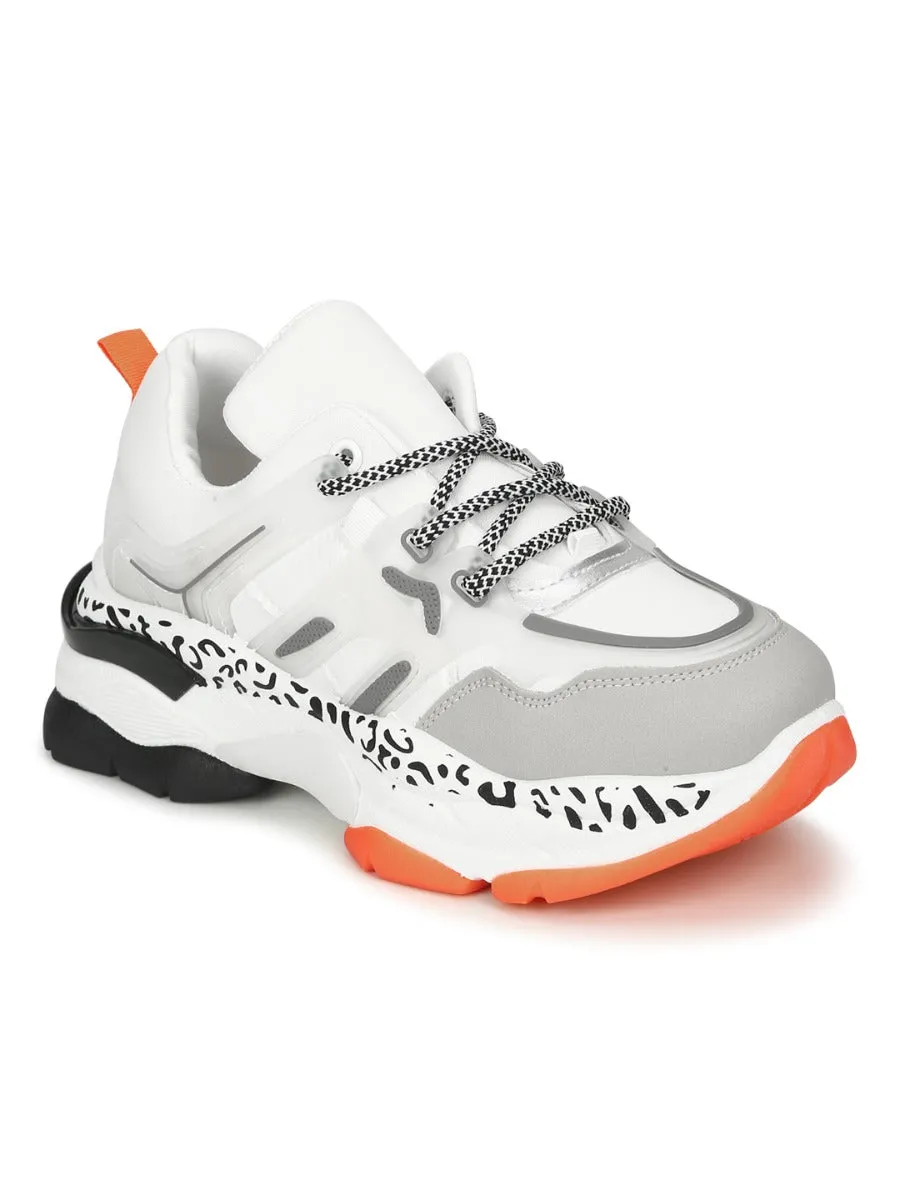 White Orange PU Lace-Up Chunky Sneakers