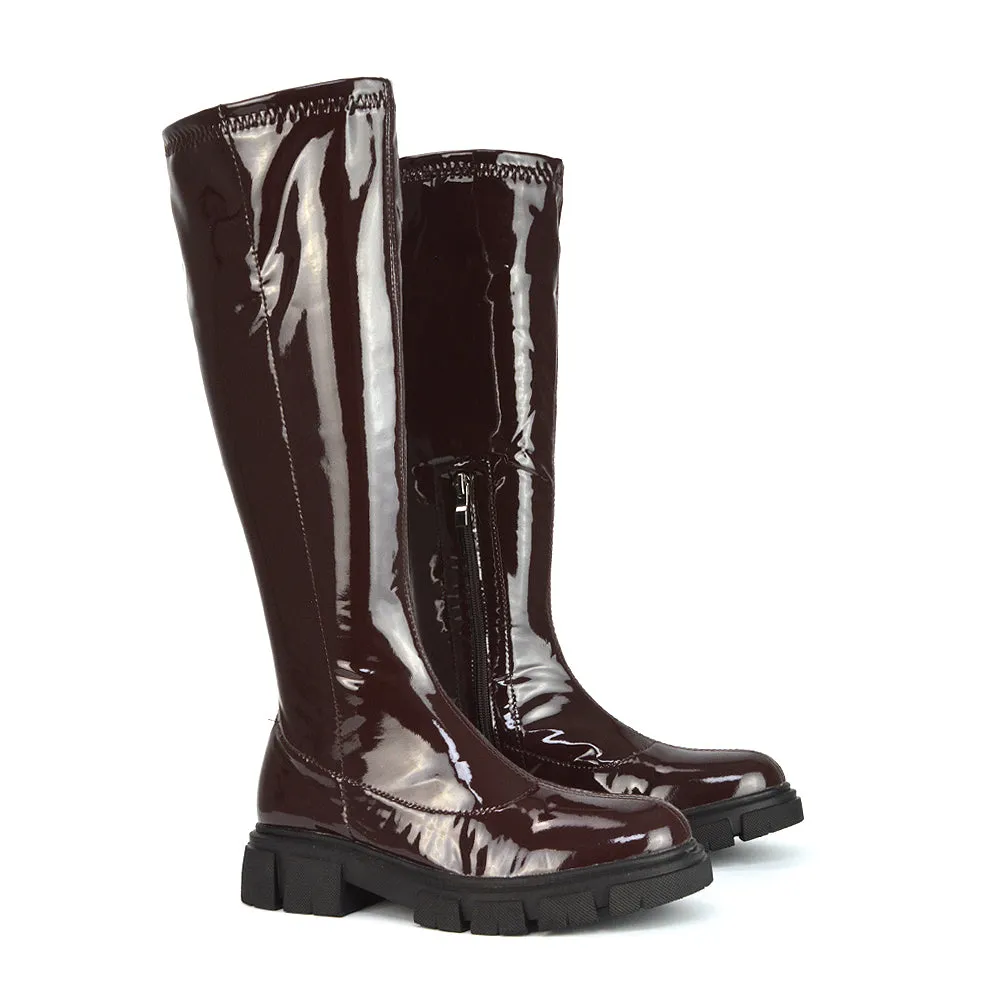 Wilma Chunky Cleated Sole Long Inside Zip-Up Flat Knee High Biker Boots In Black Patent