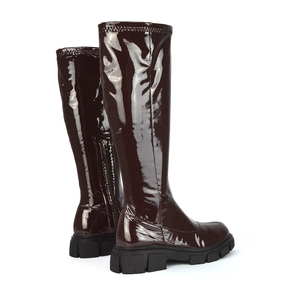 Wilma Chunky Cleated Sole Long Inside Zip-Up Flat Knee High Biker Boots In Black Patent