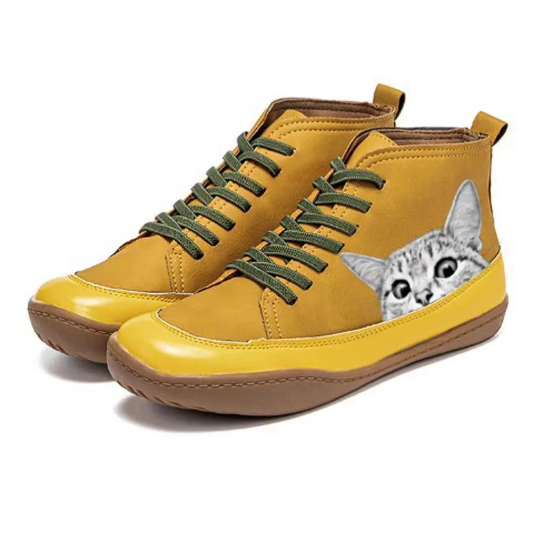 Women cat printed lace up flat low heel ankle boots