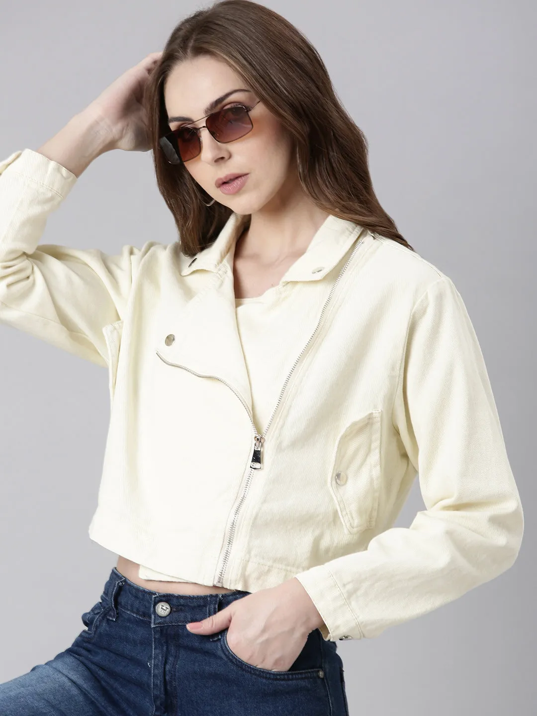 Women Cream Solid Denim Jacket