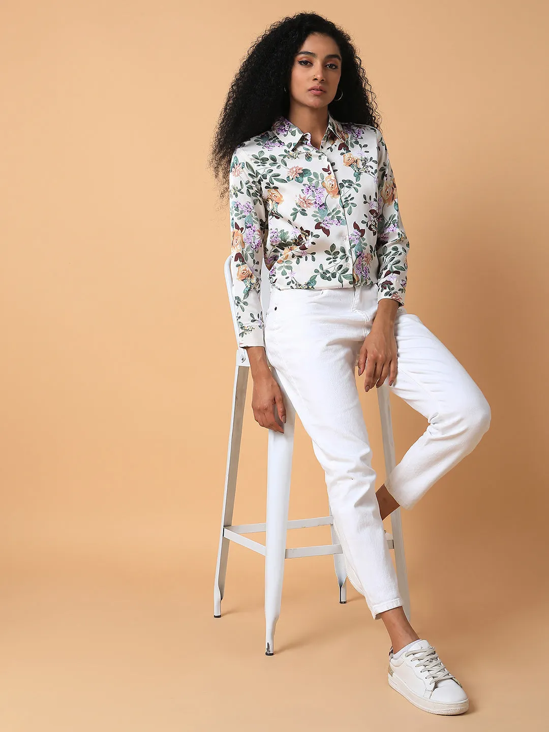 Women Floral Cream Slim Fit Shirt