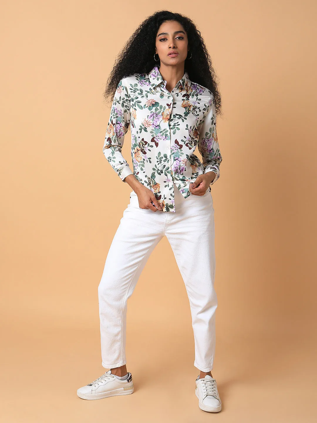 Women Floral Cream Slim Fit Shirt