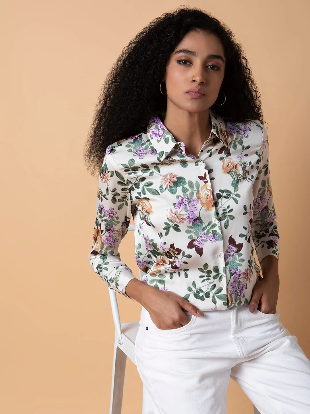 Women Floral Cream Slim Fit Shirt