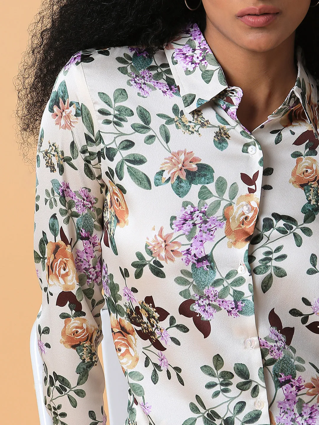 Women Floral Cream Slim Fit Shirt