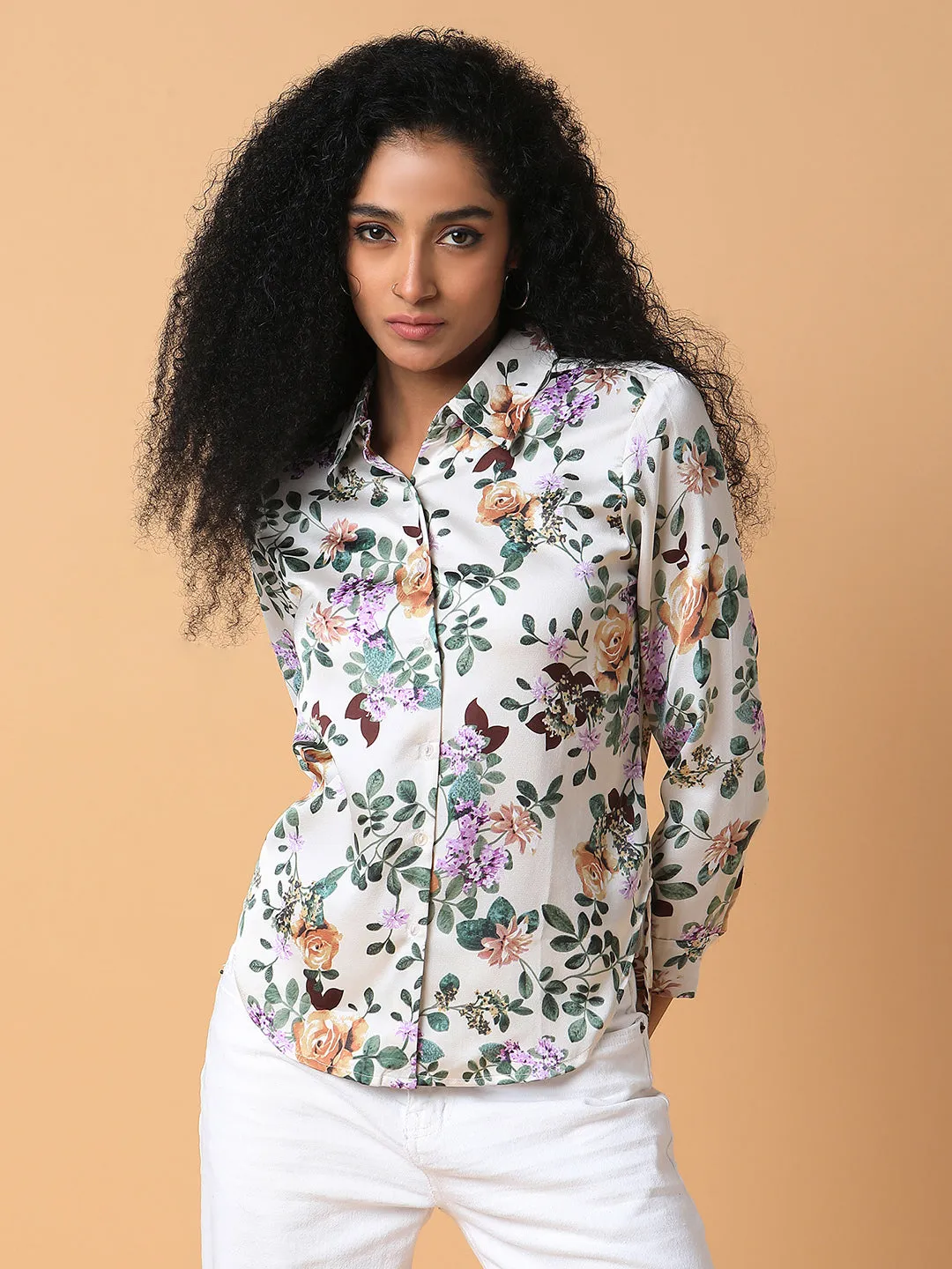 Women Floral Cream Slim Fit Shirt