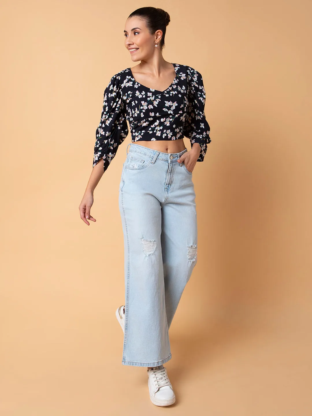 Women Floral Navy Blue Blouson Top