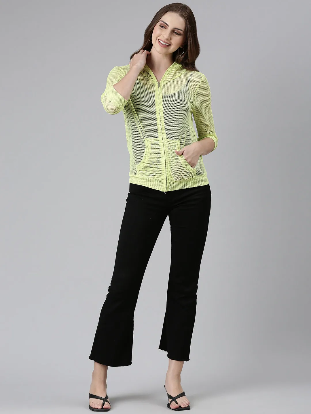 Women Fluorescent Green Solid Jacket