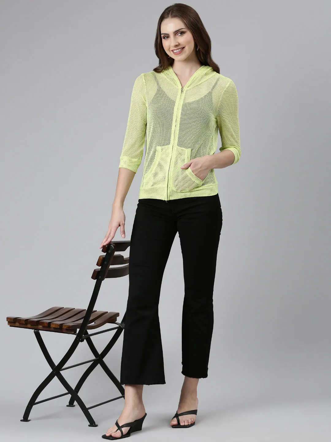 Women Fluorescent Green Solid Jacket