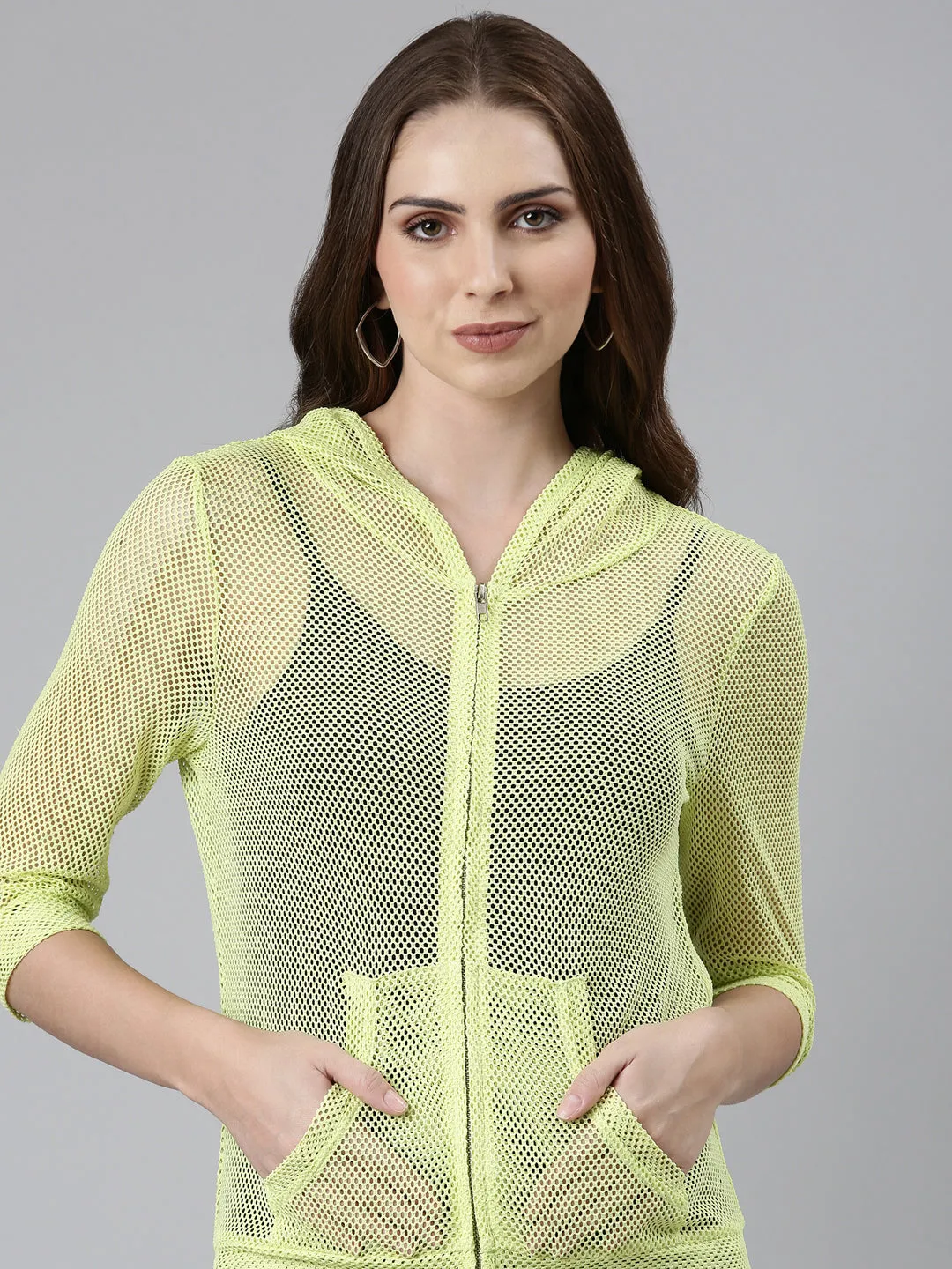 Women Fluorescent Green Solid Jacket