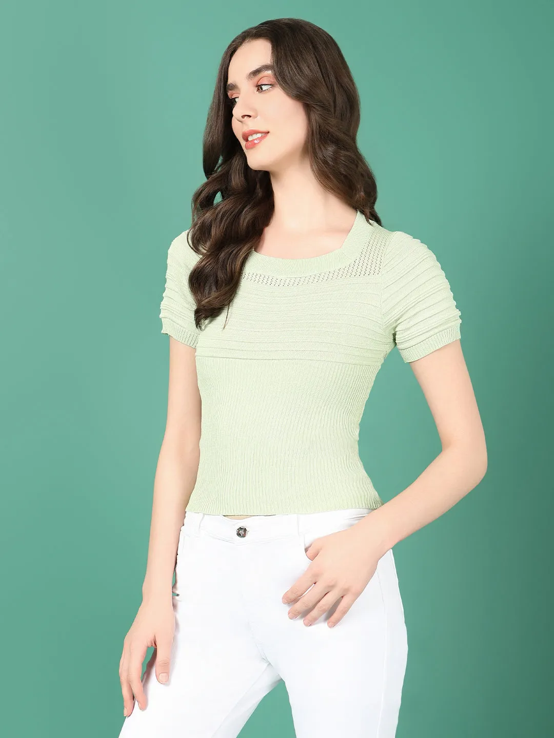 Women Green Solid Crochet Top