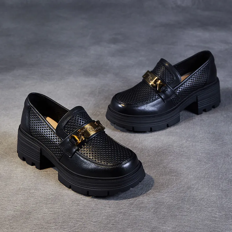 Women Hollow Breathable Leather Casual Platform Loafers