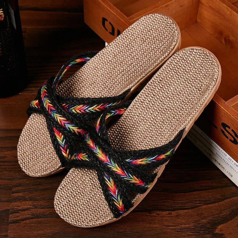 Women Indoor Slippers Home Flax Slides Summer Flat Shoes Woman House Floor Slippers Breathable Lovers Bedroom Shoes SH061202