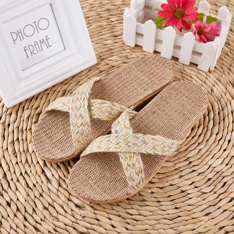 Women Indoor Slippers Home Flax Slides Summer Flat Shoes Woman House Floor Slippers Breathable Lovers Bedroom Shoes SH061202