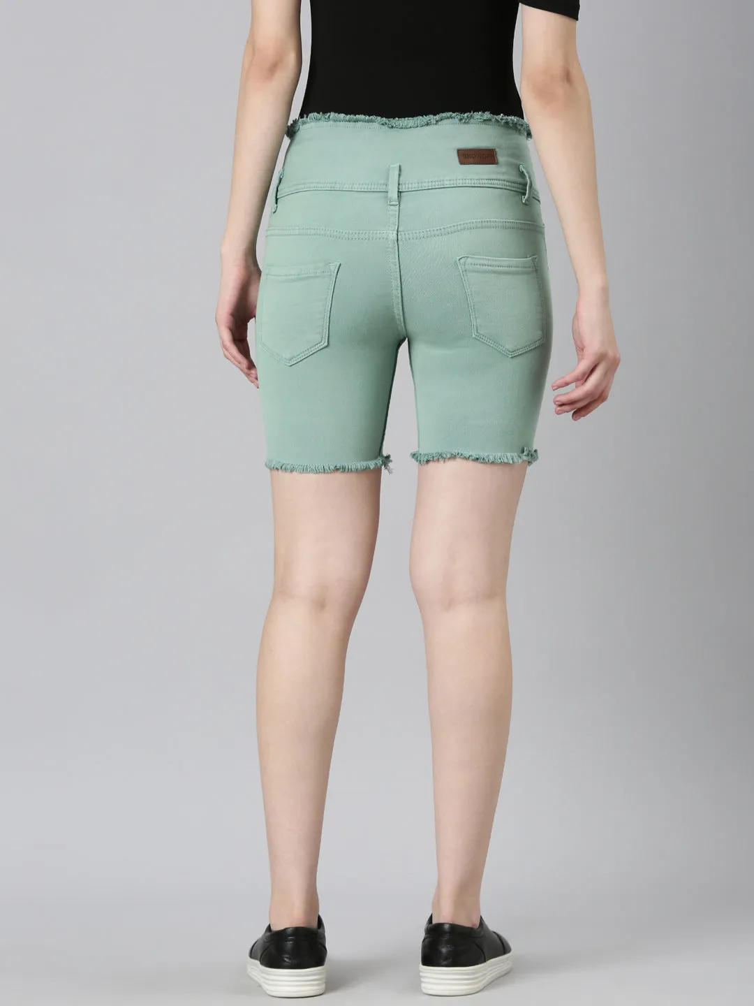 Women Sea Green Solid Denim Shorts