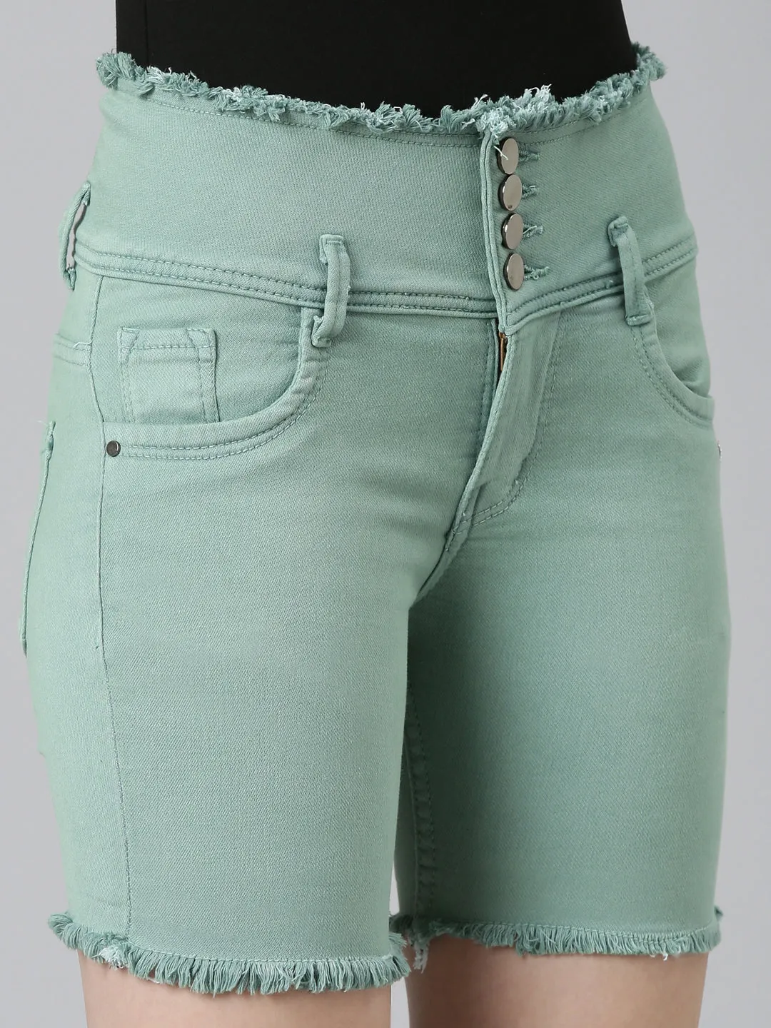 Women Sea Green Solid Denim Shorts