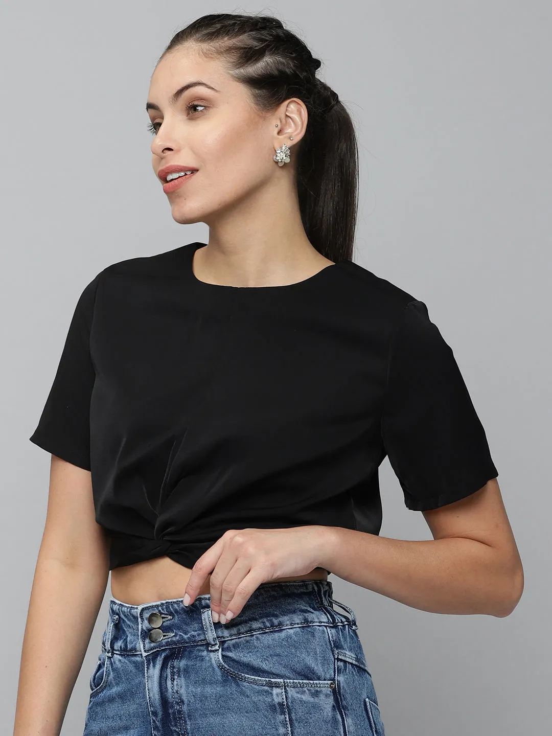 Women Solid Black Cinched Waist Top