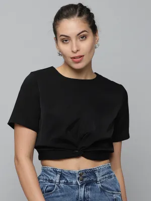 Women Solid Black Cinched Waist Top