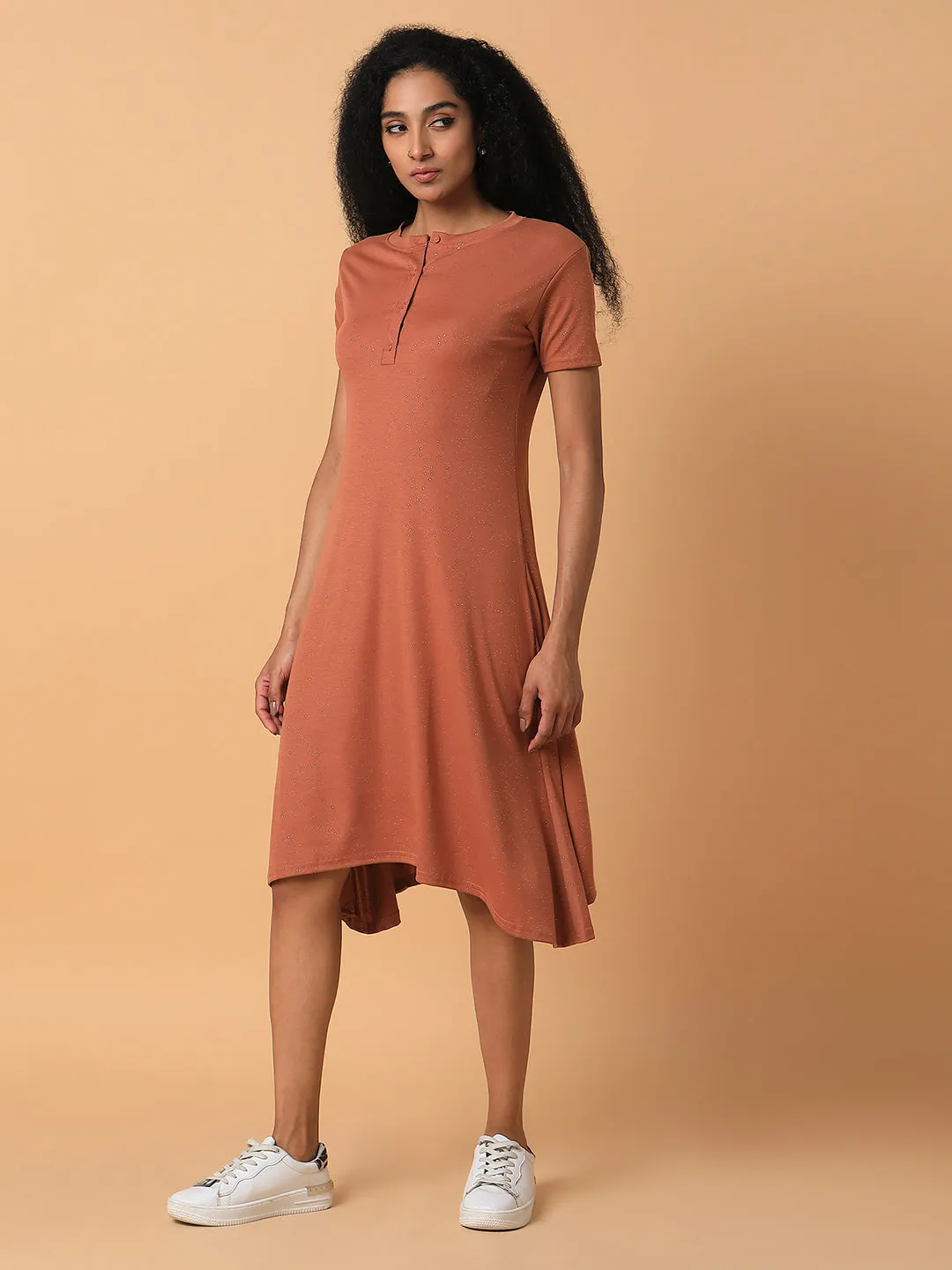 Women Solid Rust Midi A-Line Dress