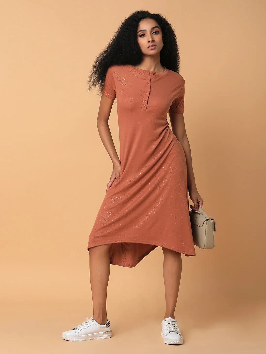 Women Solid Rust Midi A-Line Dress